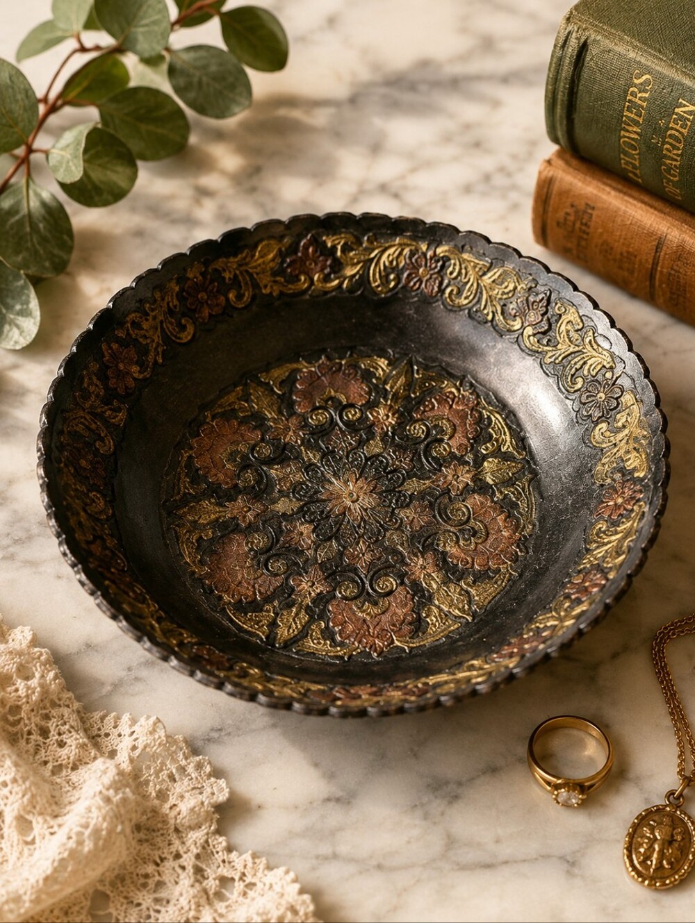 Vintage Ornate Embossed Metal Floral Catchall Bowl Gold Copper 5 5/8"